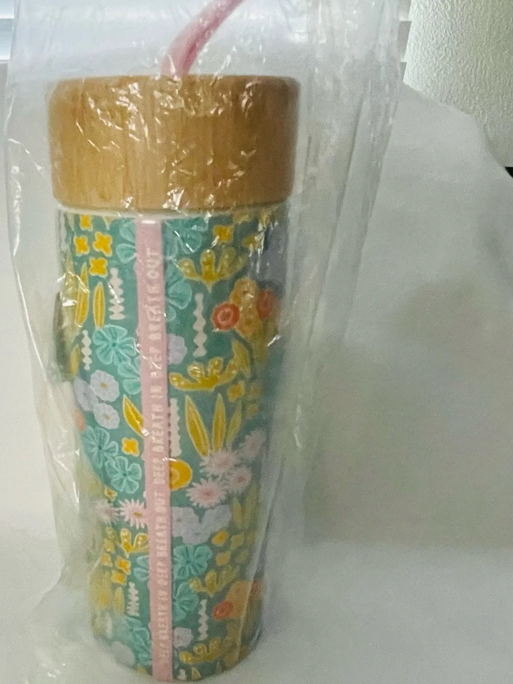 Floral Pattern Stainless Steel Travel Tumbler with Bamboo Lid - Teal